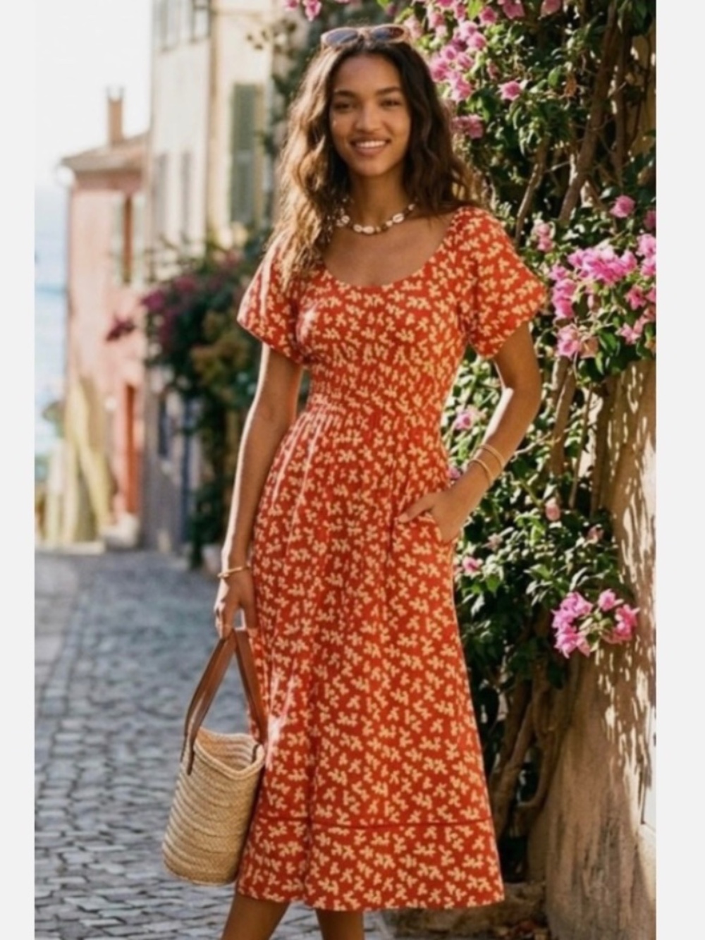 Tory Burch Little Leaves Red Smocked Midi Dress Pockets NWOT Size 2
